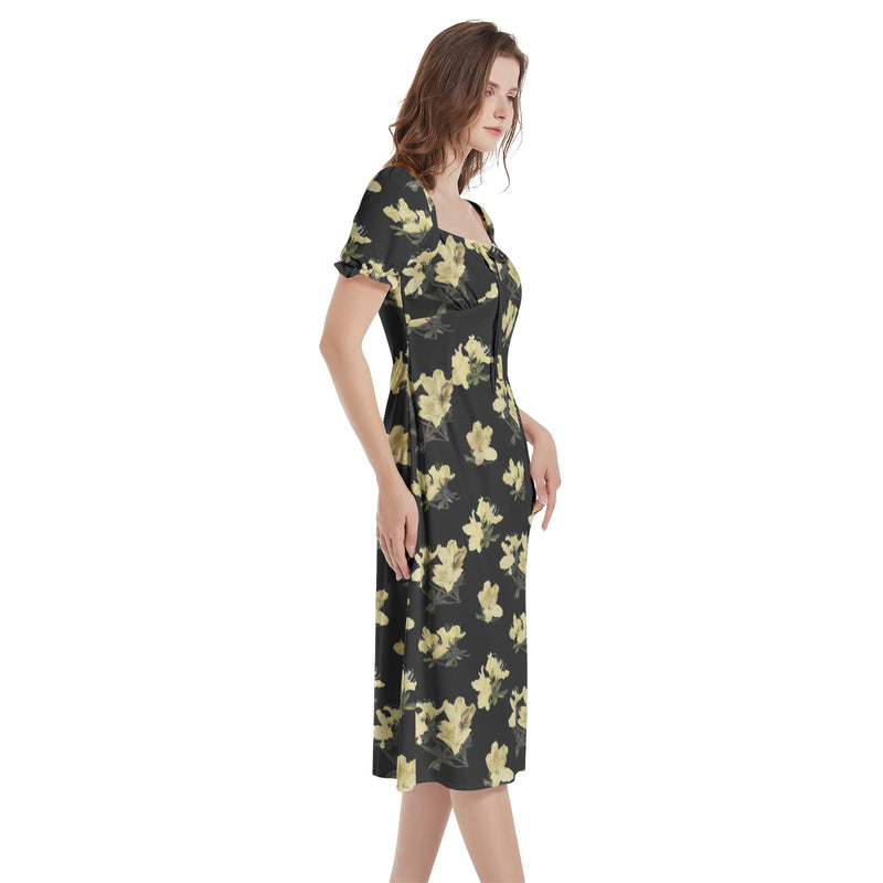 Azaleas Print Puff Sleeve Split Thigh Midi Dress - Objet D'Art