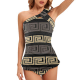 brown beige greek key print 10A Women's One Shoulder Backless Swimsuit (Model S44) - Objet D'Art