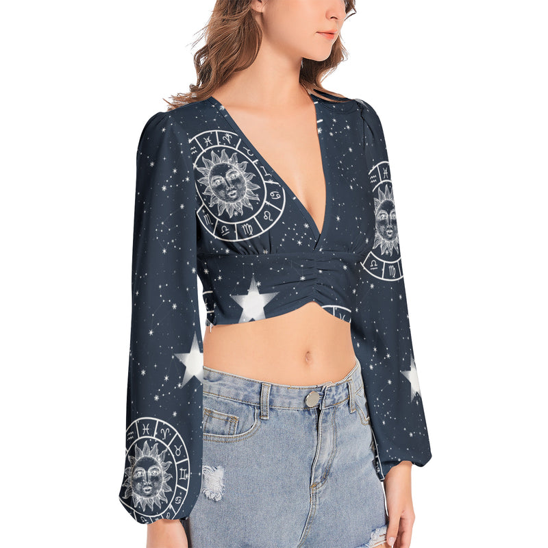 Women's Deep V-Neck Lantern Sleeve Crop Top - Objet D'Art