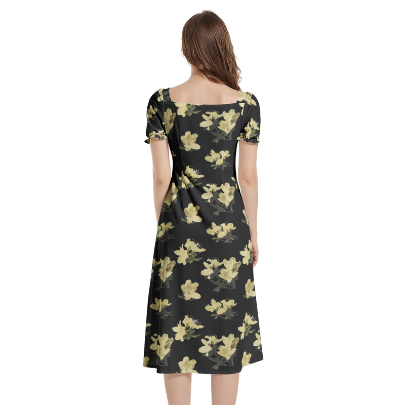 Azaleas Print Puff Sleeve Split Thigh Midi Dress - Objet D'Art