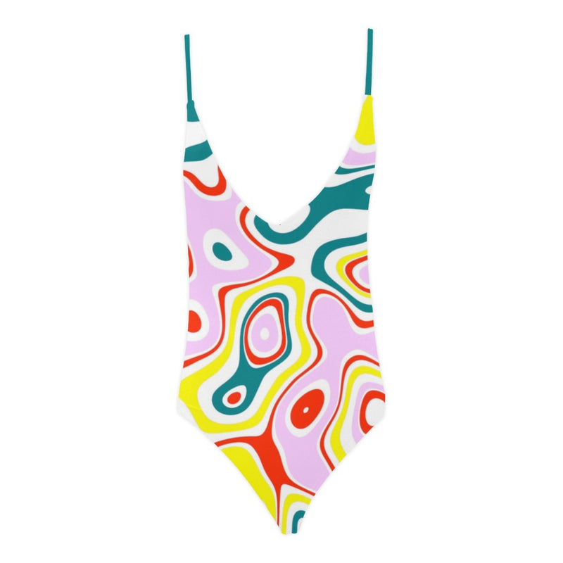 colored splat print 2 Sexy Lacing Backless One-Piece Swimsuit (Model S10) - Objet D'Art