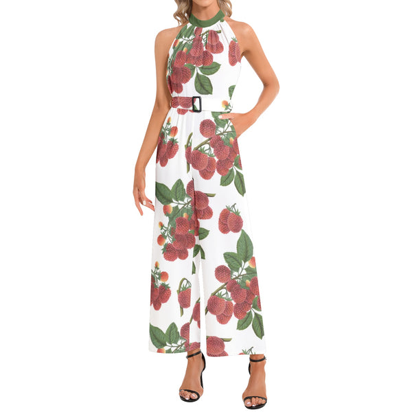 Colossal Raspberry Parfait Halter Neck Buckle Belted Jumpsuit - Objet D'Art