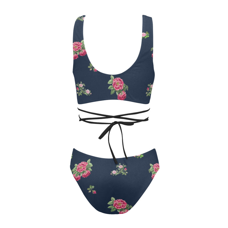 floral blue rose print 5 Cross String Bikini Set (Model S29) - Objet D'Art
