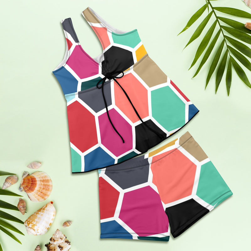 hex color honeycomb 2 Women's Vest Skirt Split Swimsuit (Model S47) - Objet D'Art