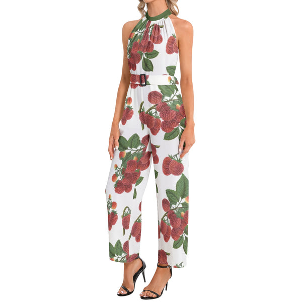 Colossal Raspberry Parfait Halter Neck Buckle Belted Jumpsuit - Objet D'Art
