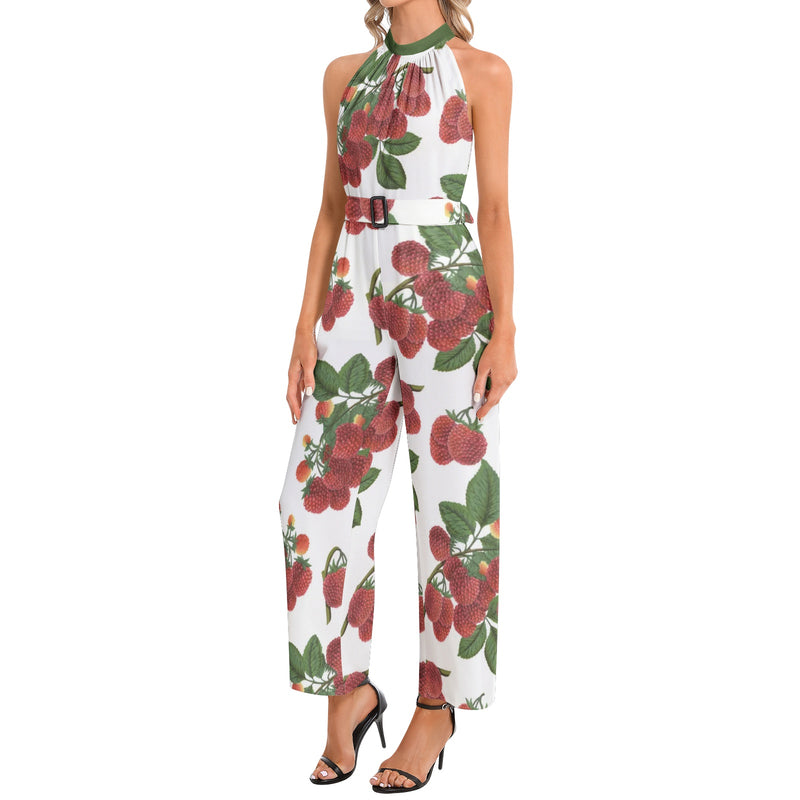 Colossal Raspberry Parfait Halter Neck Buckle Belted Jumpsuit - Objet D'Art