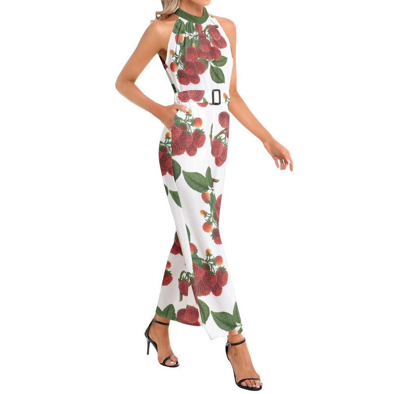 Colossal Raspberry Parfait Halter Neck Buckle Belted Jumpsuit - Objet D'Art