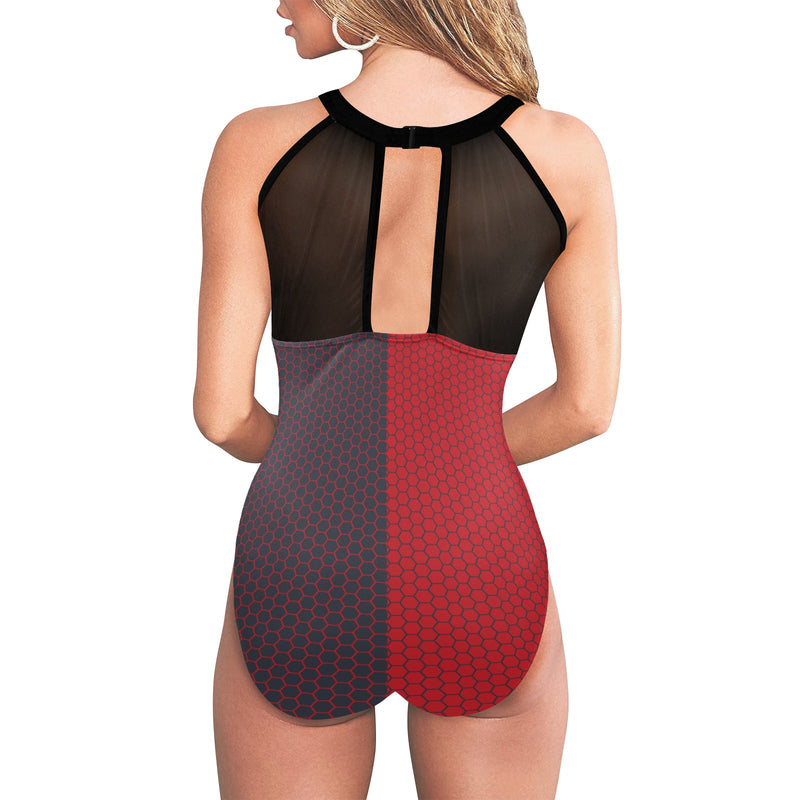 grey red hex print Women's High Neck Plunge Mesh Ruched Swimsuit (S43) - Objet D'Art