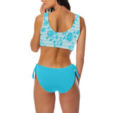 greek roses in blue print Bow Tie Front Bikini Swimsuit (Model S38) - Objet D'Art