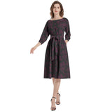 Dark Florals Boat Neck Belted Flared Dress - Objet D'Art