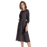 Dark Florals Boat Neck Belted Flared Dress - Objet D'Art