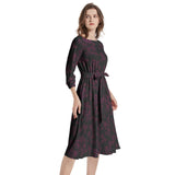 Dark Florals Boat Neck Belted Flared Dress - Objet D'Art