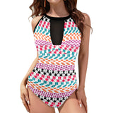 color geo print 7AA Women's High Neck Plunge Mesh Ruched Swimsuit (S43) - Objet D'Art