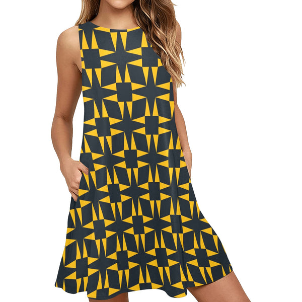 squ tri print Sleeveless A-Line Pocket Dress (Model D57) - Objet D'Art