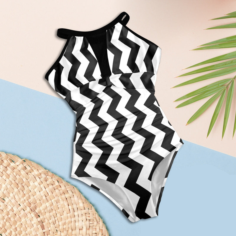 zig zag bw bikini Women's High Neck Plunge Mesh Ruched Swimsuit (S43) - Objet D'Art