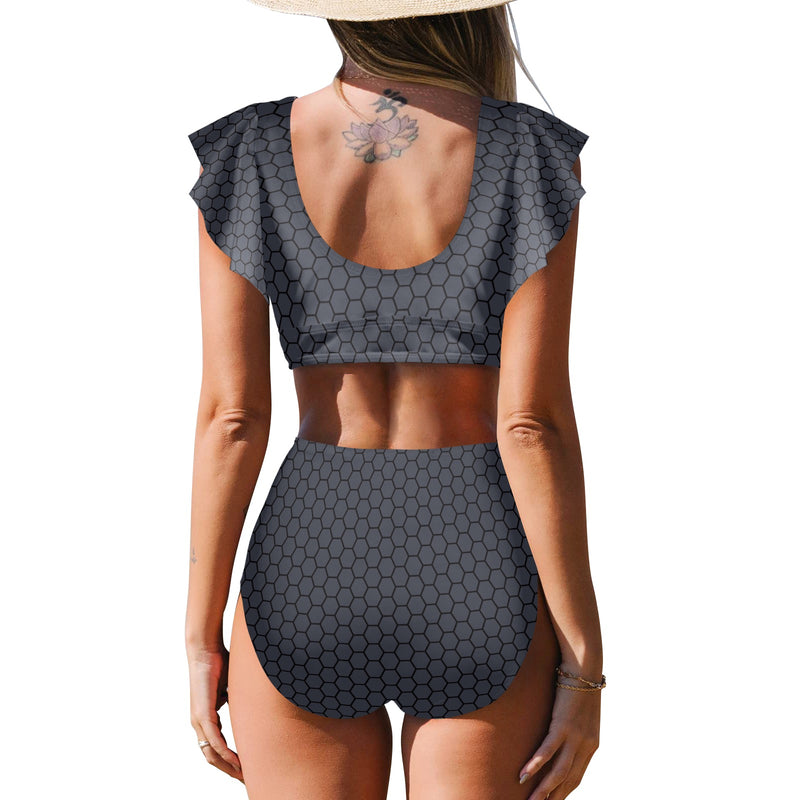 hex gray print Women's Ruffle Sleeve Bikini Swimsuit (Model S42) - Objet D'Art