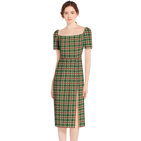 Holiday Cheer Plaid Split Thigh Midi Bodycon Dress - Objet D'Art