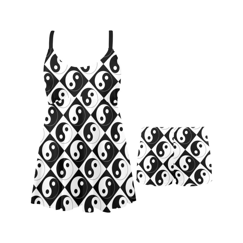 yin and yang bw print 2 Chest Pleat Swim Dress (Model S31) - Objet D'Art