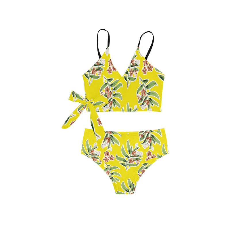 floral white stroke 9k Knot Side Bikini Swimsuit (Model S37) - Objet D'Art