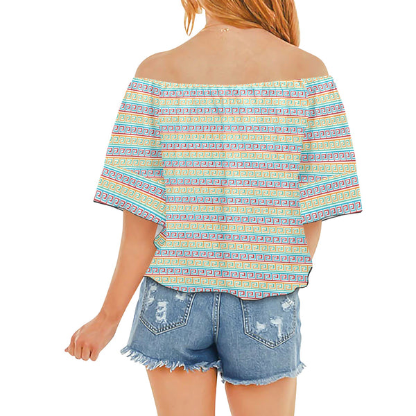 greek key light colors print 2 Off Shoulder Knot Front Blouse (Model T71) - Objet D'Art