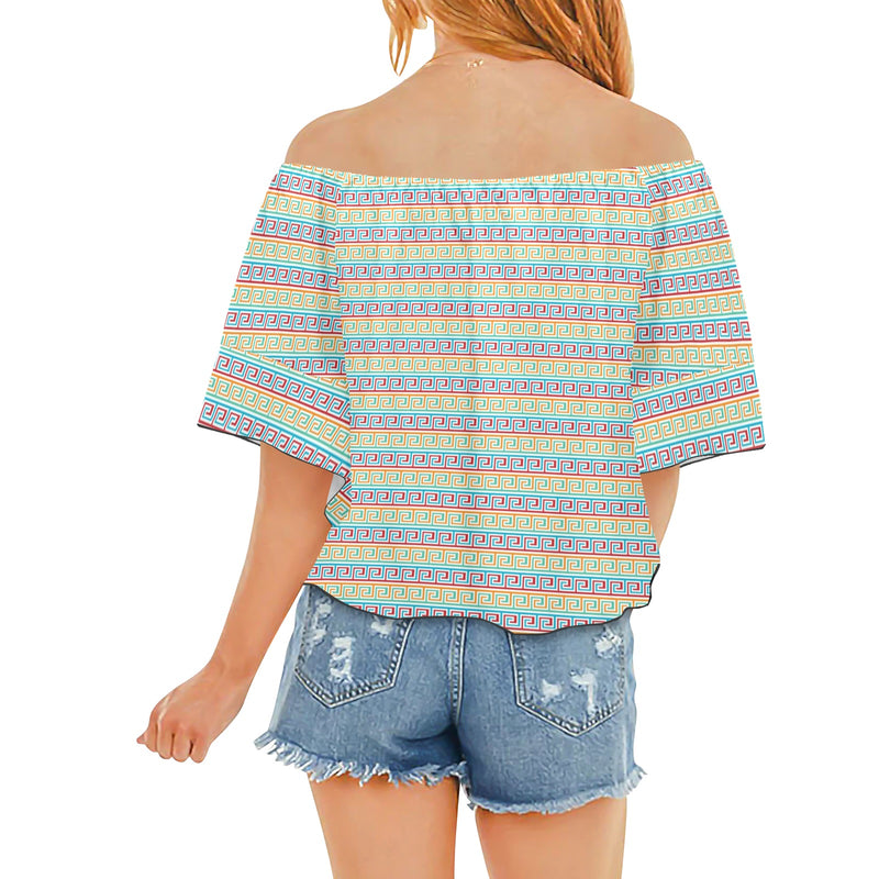 greek key light colors print 2 Off Shoulder Knot Front Blouse (Model T71) - Objet D'Art