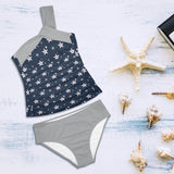 kemp logoed swimsuit gray print Women's One Shoulder Backless Swimsuit (Model S44) - Objet D'Art