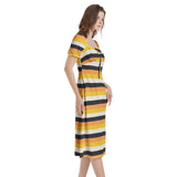Candy Corn Striped Puff Sleeve Split Thigh Midi Dress - Objet D'Art