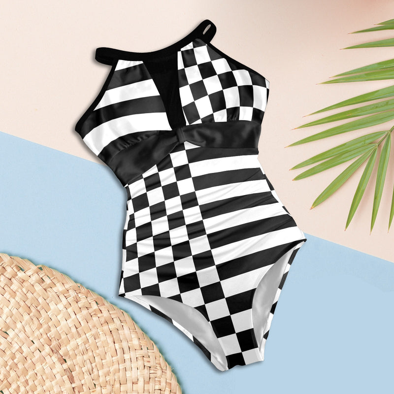 black 2 9k Women's High Neck Plunge Mesh Ruched Swimsuit (S43) - Objet D'Art