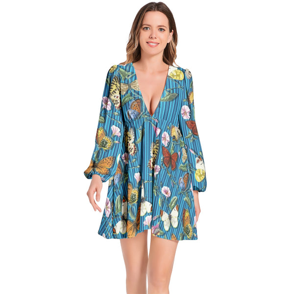 Lantern Sleeve Deep V-Neck Short Dress - Objet D'Art