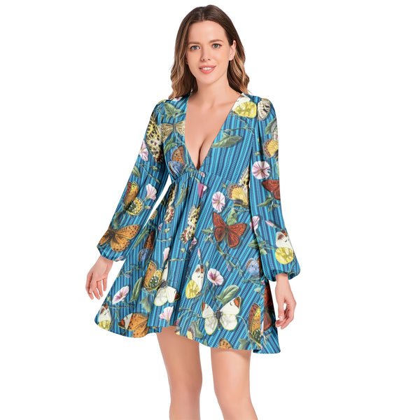 Lantern Sleeve Deep V-Neck Short Dress - Objet D'Art