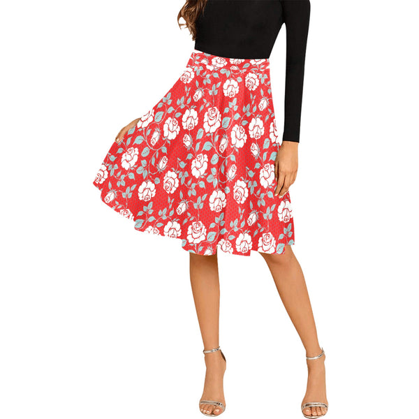 white rose red hex background print 2 Melete Pleated Midi Skirt (Model D15) - Objet D'Art