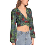 Rose Lattice Women's Deep V-Neck Lantern Sleeve Crop Top - Objet D'Art