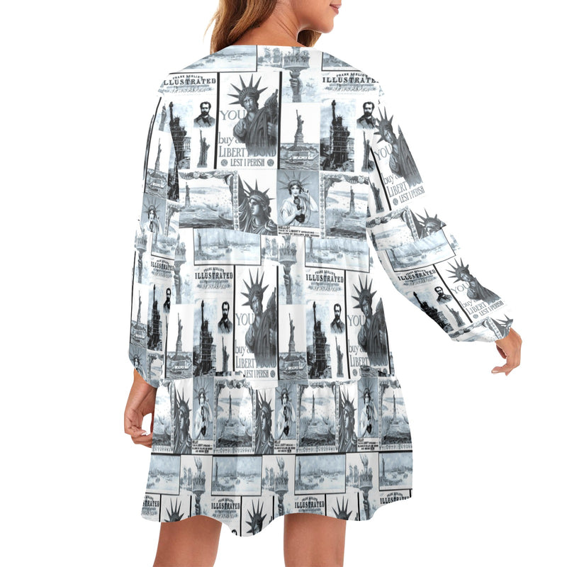 selenium lady liberty print 6 V-Neck Loose Fit Dress (Model D66) - Objet D'Art