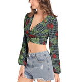 Rose Lattice Women's Deep V-Neck Lantern Sleeve Crop Top - Objet D'Art