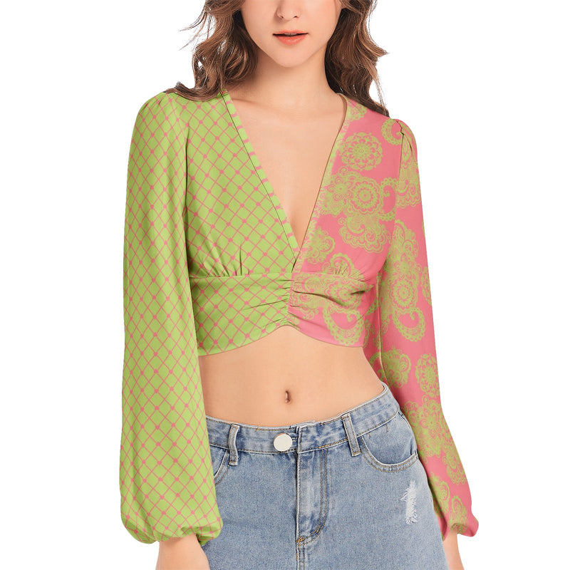 Women's Deep V-Neck Lantern Sleeve Crop Top - Objet D'Art