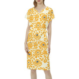 Floral Batwing Sleeve Notch Neck Casual Dress with Belt - Objet D'Art