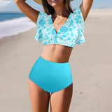 light blue bikini bottom print solid Women's Ruffle Sleeve Bikini Swimsuit (Model S42) - Objet D'Art