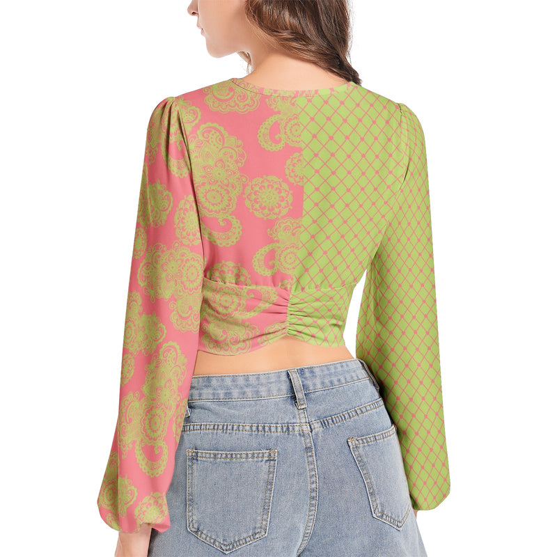 Women's Deep V-Neck Lantern Sleeve Crop Top - Objet D'Art