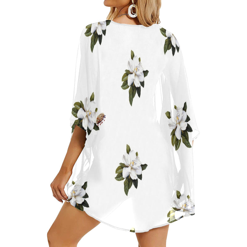 magnolia print on white Women's Kimono Chiffon Cover Up (Model H51) - Objet D'Art