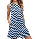 chevron blue print 3 Sleeveless A-Line Pocket Dress (Model D57) - Objet D'Art