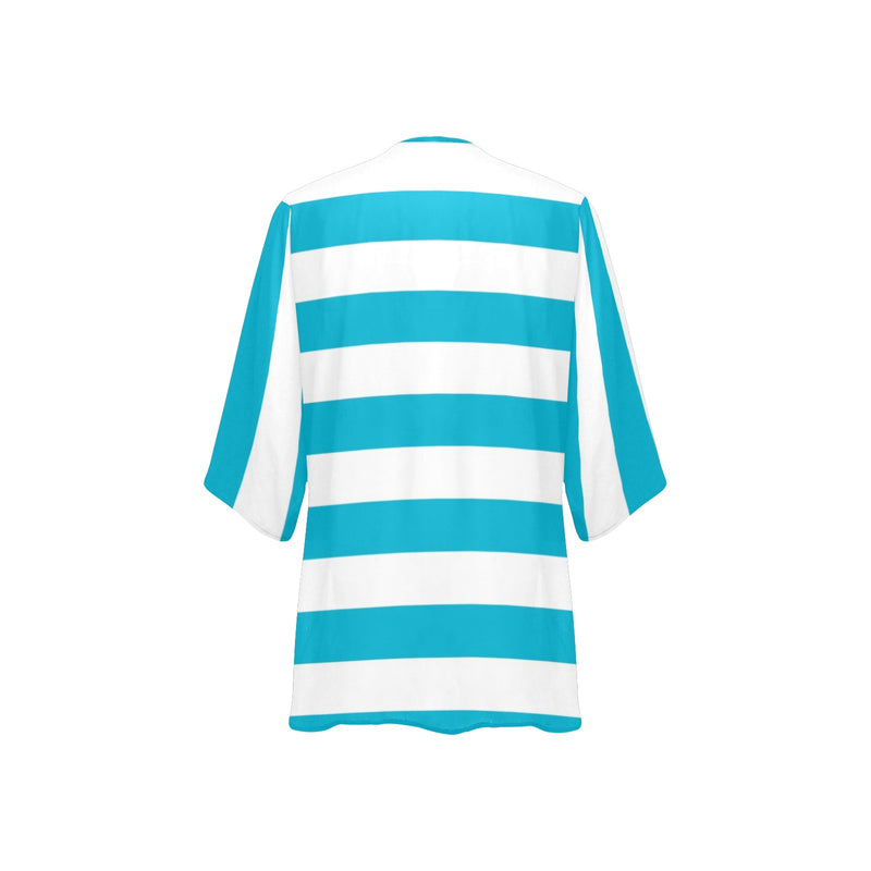blue white striped 1A Women's Kimono Chiffon Cover Up (Model H51) - Objet D'Art