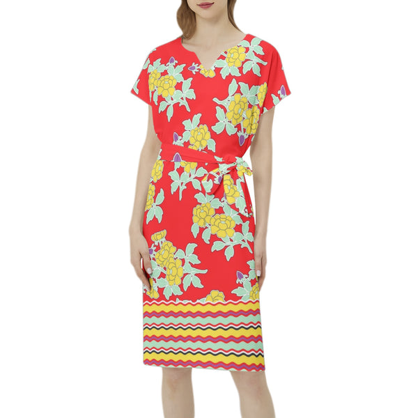 Batwing Sleeve Notch Neck Casual Dress with Belt - Objet D'Art