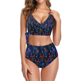 red gold blue floral print 2 Knot Side Bikini Swimsuit (Model S37) - Objet D'Art
