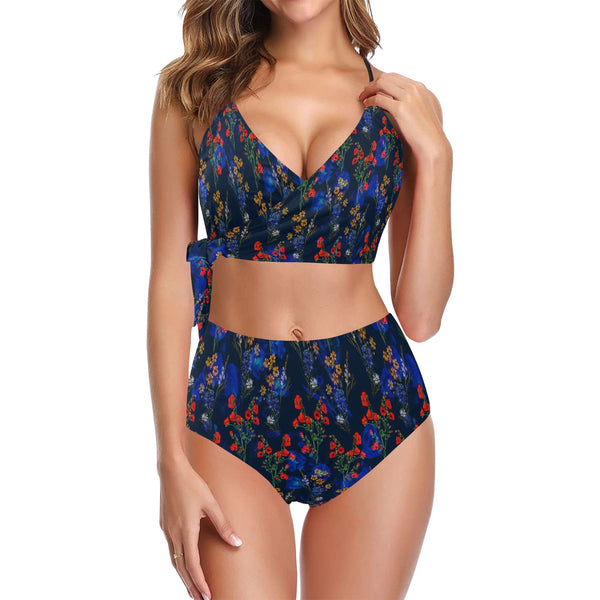 red gold blue floral print 2 Knot Side Bikini Swimsuit (Model S37) - Objet D'Art