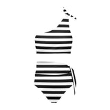 bw thin striped print 3 High Waisted One Shoulder Bikini Set (Model S16) - Objet D'Art