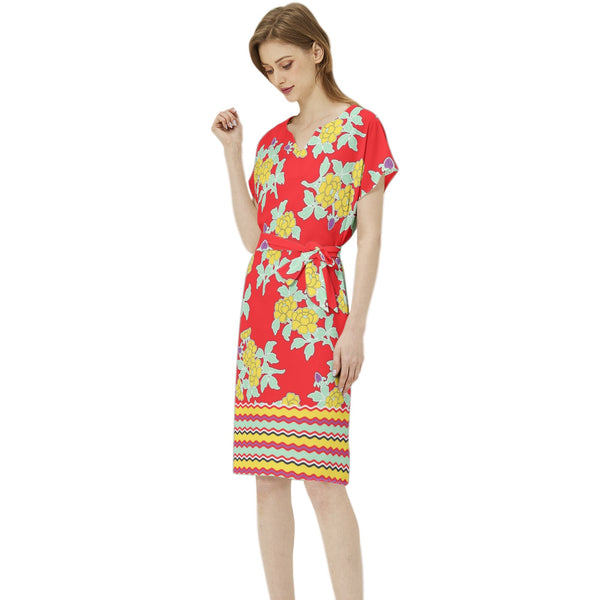 Batwing Sleeve Notch Neck Casual Dress with Belt - Objet D'Art