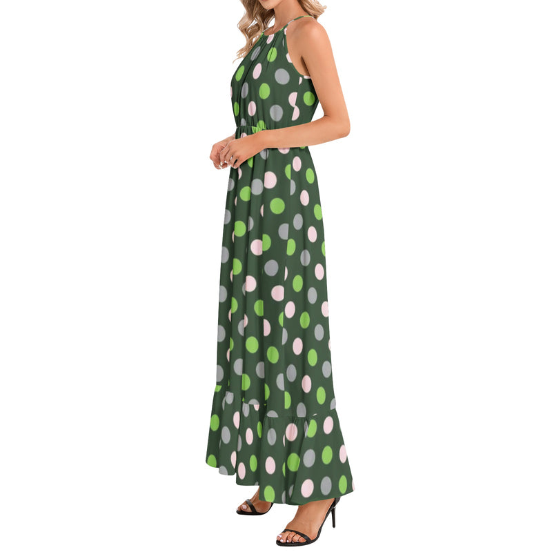 Pink and Green Polka Dot Ruffle Hem Halter Neck Maxi Dress S Pink and Green Polka Dot Ruffle Hem Halter Neck Maxi Dress S