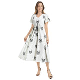 Skull Print Flutter Sleeve Drawstring Waist Flared Dress - Objet D'Art