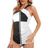 bw striped reverse print Women's One Shoulder Backless Swimsuit (Model S44) - Objet D'Art