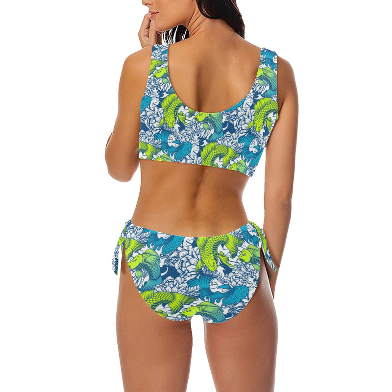 pisces neon green blue ombre print Bow Tie Front Bikini Swimsuit (Model S38) - Objet D'Art